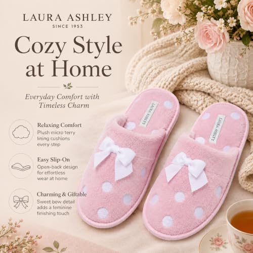Image of Laura Ashley Ladies Embroidered Soft Terry Plush Scuff Slipper