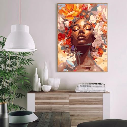 Image of Clendo DIY African Woman Paint by Numbers for Adults Canvas, Flowers and Girl Paint by Number Kits on Canvas - Oil Painting Kits Arts and Crafts for Home Decor 16x20 inch(Without Frame)