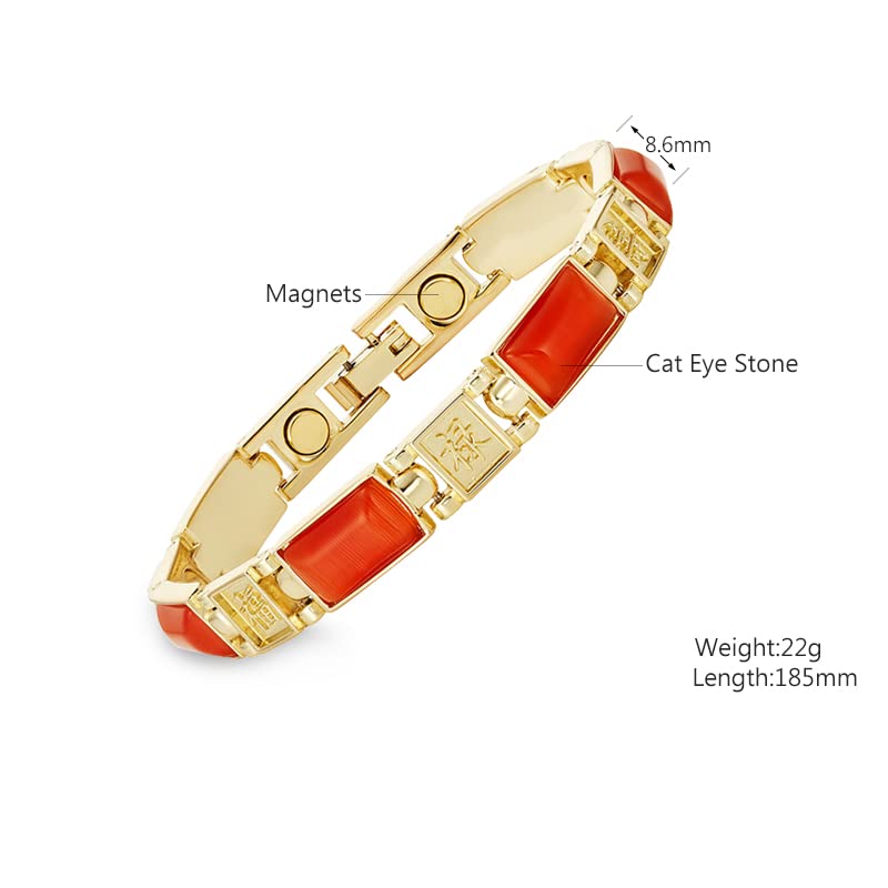 YSJNGF Bransoletka Charms Biżuteria magnetyczna Damska złota bransoletka Chińskie znaki Pomarańczowe kamienie Cat Eye Damska opaska na nadgarstek Bangle Charm Gift