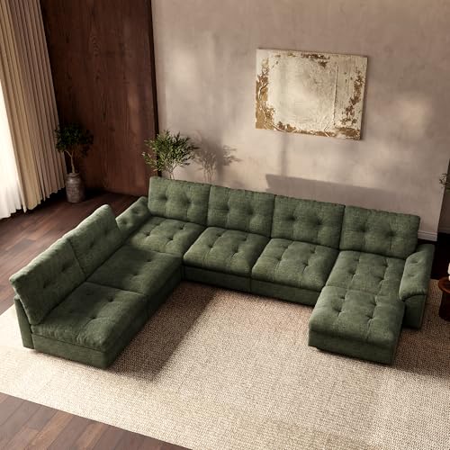 Image of Oversized Modular Sectional Sofa with Storage, Modern Deep Seat Cloud Couch for Living Room, L-Shaped Large Sectional Couch, 6 Seater with Ottoman, Green