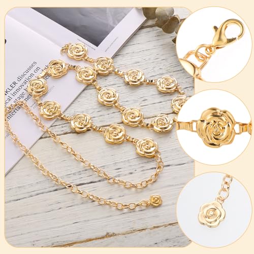 Rose Waist Chains Belts for Women, Adjustable Flower Bridal Wedding Belt Floral Skinny Metal Waist Belt for Dresses3