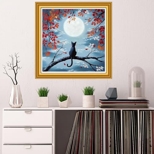 Image of Dooxvey Counted Cross Stitch Kits for Adults 11CT Printed Cross-Stitch Patterns Cross Stitching Embroidery Kit Stamped or Counted Needlepoint Kits-The cat Admiring the Moon 18x18 inch
