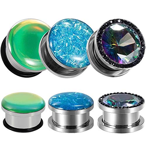 TBOSEN 6 PCS Big Cubic Zirconia Stainless Steel Screw Ear Gauges Plugs Tunnels Expander Body Piercing Jewelry Set