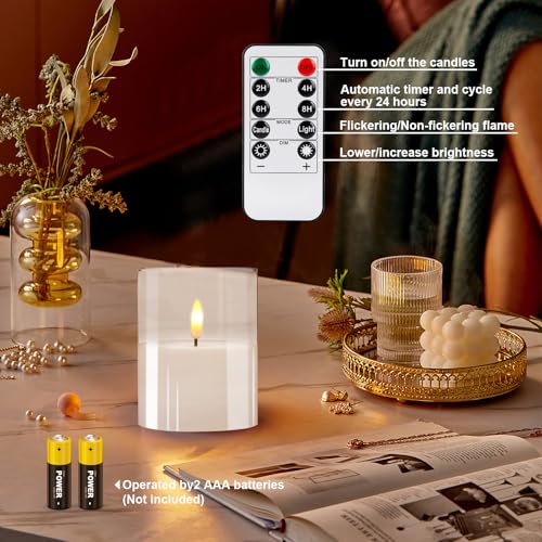 Image of Flameless Candles 4 inch 5 inch 6 inch Set of 3 Ivory Outdoor Indoor Pillars 2.95 inch Diameter, Battery Operated Flickering LED Pillar Candles with Remote and Timers