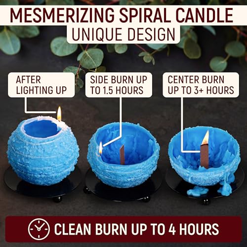 Image of Spiral Candles Burn Around, 4.5 Inch Blue, Unscented, Metal Base | Beeswax Soy Blend, Twisted Wave Design, Approx. 4-Hour Use, 10 oz Gift for Women