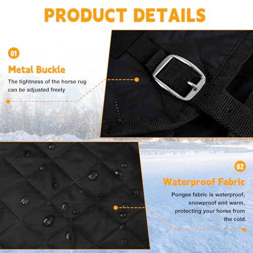 78in Horse Blanket, Rugged Waterproof Pongee Fabric, 200g Midweight Stable Turn Out Blanket, Black - Image 5