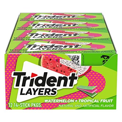 Trident Layers Watermelon & Tropical Fruit Sugar Free Gum, 12 Packs of 14 Pieces (168 Total Pieces)