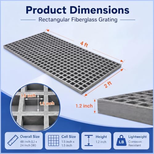 Image of Cinnvoice 1ft X 4ft X1.2in Fiberglass Molded Grating, Non-Slip 1.5 inch Square