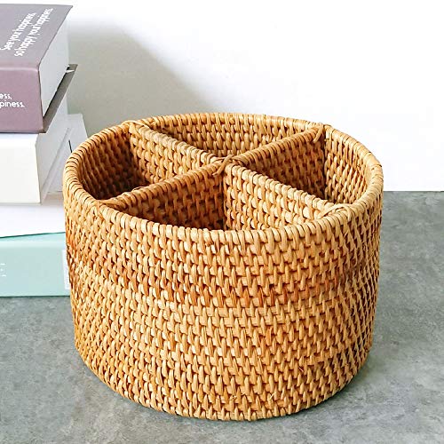 Panier de rangement rotin 4 compartiments couverts ustensiles cosmétiques