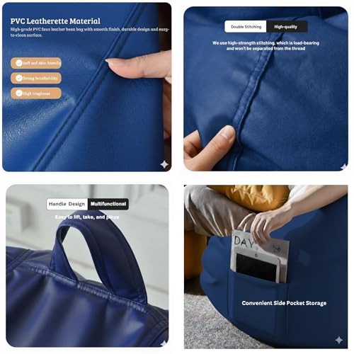 Image of Luxury 5XL Jumbo Bean Bag with Footrest & Cushion | Premium Leatherette | High-Density Beans Filled | Heavy Duty Double Stitch | 6 Months Warranty Color- (Navy Blue) (Royal Blue)