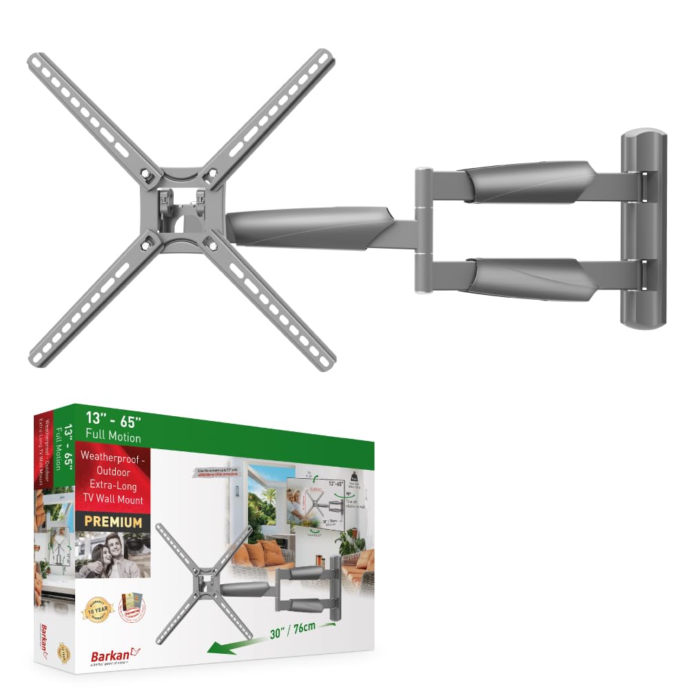 Barkan Support Mural pour TV de 30 cm de Long pour tonnelle, 13 à 65 Pouces, Mouvement Complet – 4 mouvements, Support d'écran Plat/incurvé, Peut Supporter jusqu'à 36,3 kg, extrêmement Extensible