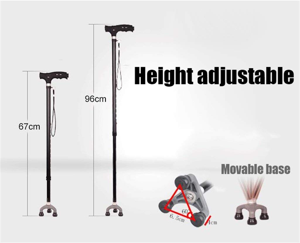 Bastón para Caminar, muleta para Ancianos, telescópico, Estable, Antideslizante, Ligero, Ajustable en Altura con 3 pies móviles y luz LED marrón, Bastones para Hombres o