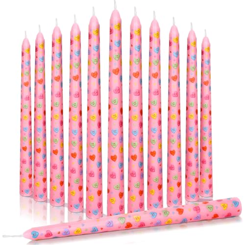 FYSUIMU 12Pcs Valentine's Day Dripless Taper Candles Candy Conversation Heart Candle Long Unscented Candle Sticks for Wedding Anniversary Home Party Dining Table Supplies