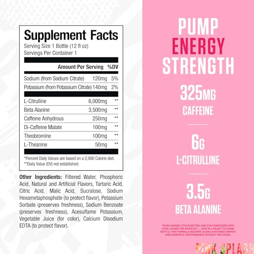Image of RYSE Loaded Pre Workout Drink - Pink Splash - Sugar-Free, Ready to Drink Energy Supplement with 325mg Caffeine, Citrulline & Beta Alanine for Focus & Pump - 12 fl oz Bottles (Pack of 12)