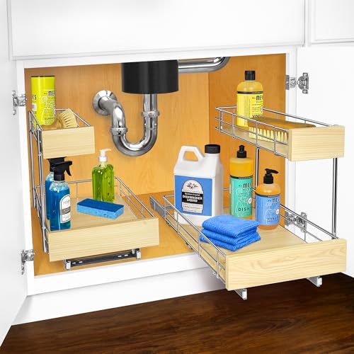 Image of LYNK PROFESSIONAL SELECT Pull Out Under Sink Kitchen Cabinet Organizer - 11.5 in. x 18 inch deep Drawer - Sliding Shelf Organizer and Undersink Storage Shelves - Lifetime Ltd. Warranty - Chrome