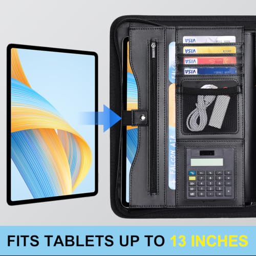 Image of Eshow Padfolio for Men Women with Pen, Leather Portfolio with Zipper - Professional Interview Resume Organizer with Card Holder, Writing Pad & File Folders for Business, Lawyer, Student