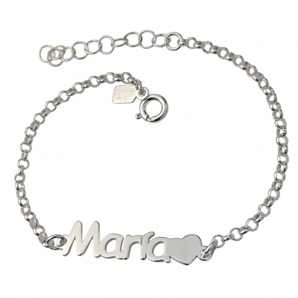 Bracciale personalizzato in argento sterling 925 con catena rolo da 16 cm. nome per personalizzare cuore 7mm.