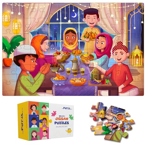 Image of Set of 2 Festive Theme Jigsaw Puzzles for Kids Age 5-8 Years | 60 Pcs Each | Dussehra & Eid-Al-Adha | Activity Sheets Included | Educational Learning Toys & Gifts
