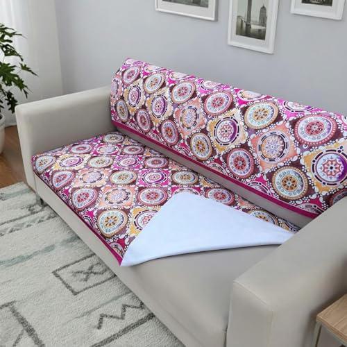 Image of Homerz Premium 5 (3+1+1) Seater Velvet Sofa Panel Cover with Digital Prints | Anti-Slip Backing (Pink Rangoli, 5 (3+1+1) Seater with Back)
