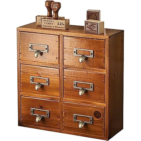 Vintage Card Catalog Drawers for Desktop - 6-Drawer Mini Wood Desktop Cabinet for Office Study Table - Solid Wood Storage Drawers for Table - Mahogany Wood Organizer Cabinet Drawers, Fully Assembled Cover