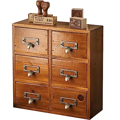 Vintage Card Catalog Drawers for Desktop - 6-Drawer Mini Wood Desktop Cabinet for Office Study Table - Solid Wood Storage Drawers for Table - Mahogany Wood Organizer Cabinet Drawers, Fully Assembled