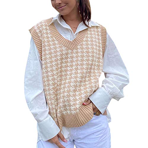 Women Casual Houndstooth Knitted Sweater Vest V-Neck Sleeveless Pullover Loose Knitwear Top (Khaki, S)