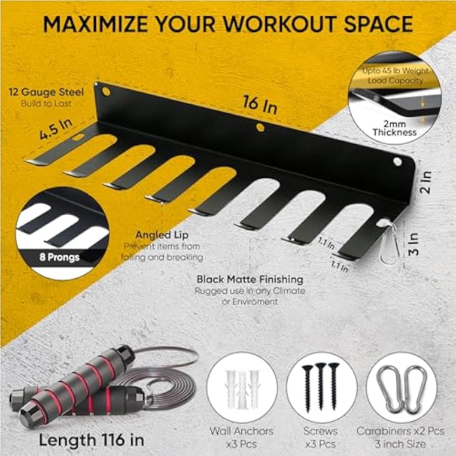 2-in-1 Gym Storage Rack + Jump Rope, Baseball bat wall mount, Gym organization for home gym, Bat holder wall mount, Baseball bat holder for wall, Home gym storage rack, Gym equipment storage, Bat holder, Bat holder for dugout fence, Gym organization, Weight rack for home gym.