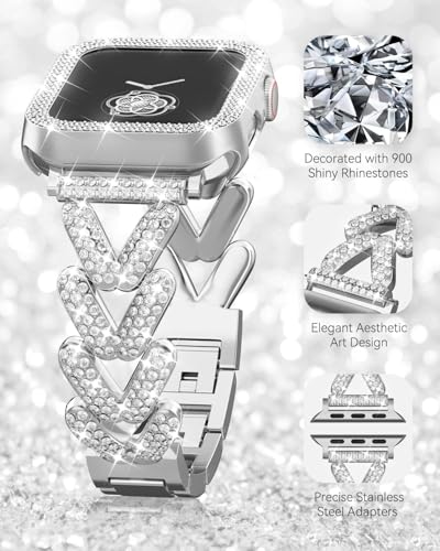 Image of Rhinestones Encrusted Metal Bracelet and Case, Compatible with Apple Watch Bands 38mm-49mm (Series 11 /10 /1 /SE /Ultra 2)- Bling Gold Women's Jewelry Strap, Luxury iWatch Bracelet