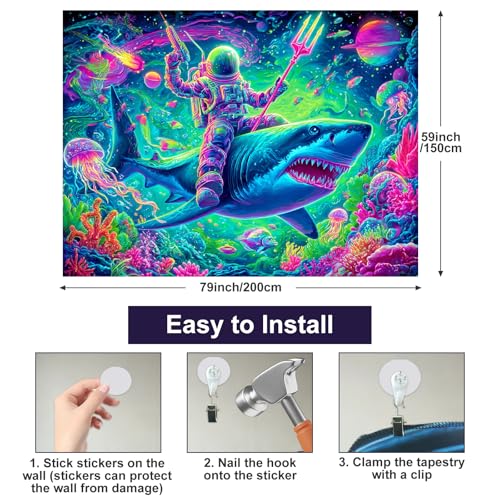 Image of BlissYard Neon Space Astronaut Shark Black Light Tapestry UV Reactive Psychedelic Underwater Galaxy Wall Hanging for Living Room Bedroom Dorm Room Bar Party Decor 78x59 Inch
