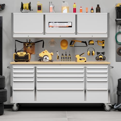Image of PeakPursuit 72 inch Rolling Tool Chest with 15 Drawers, Solid Rubber Wood Workbench Top, Locking Wheels & Key Lock, Mobile Garage Tool Cabinet for Workshop Storage and Organization, Silver