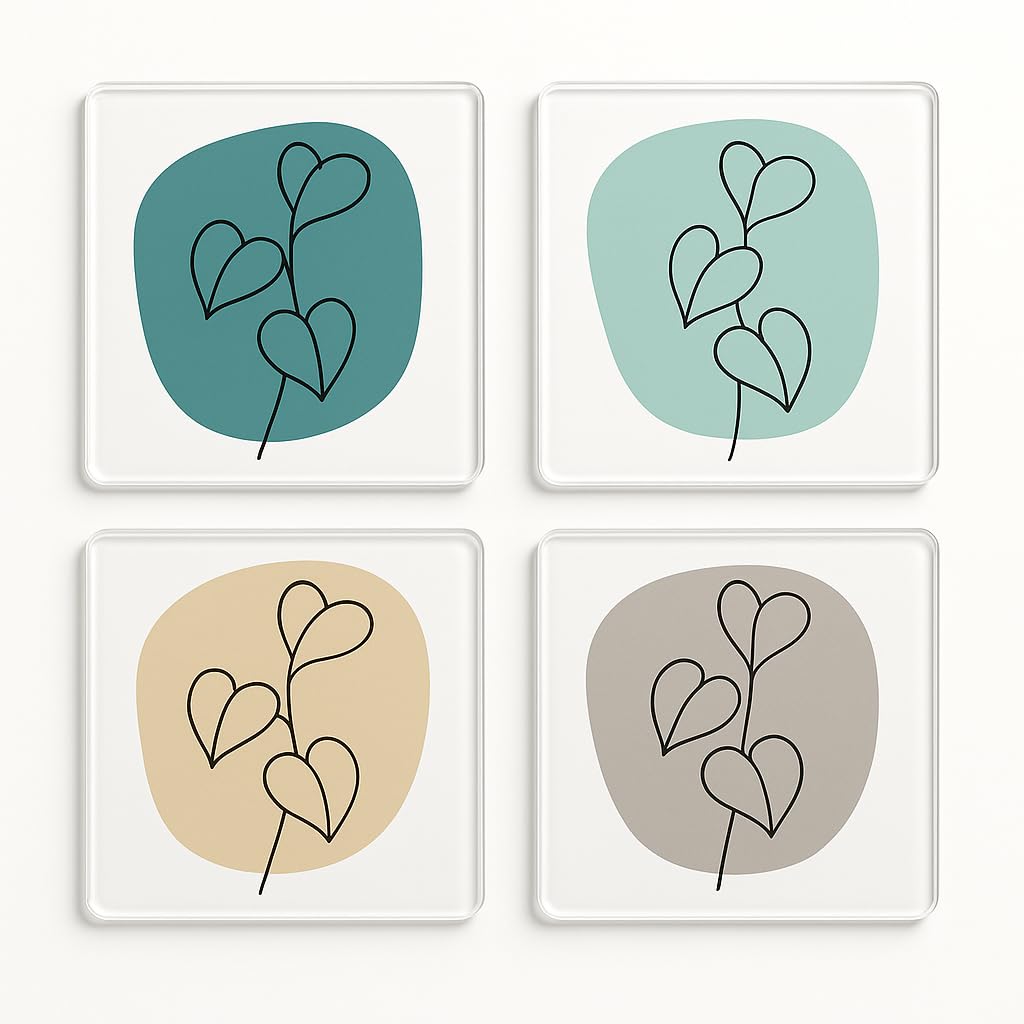The Plum Penguin Botanical Balance Acrylic Coaster Set Of 4 With Design - Mid-Century Modern Drinkware For Plant Lovers Home Decor