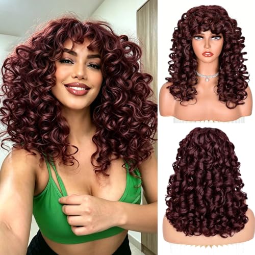 ANNISOUL Burgundy Curly Wigs for Black Women Long Curly Afro Wig with Bangs