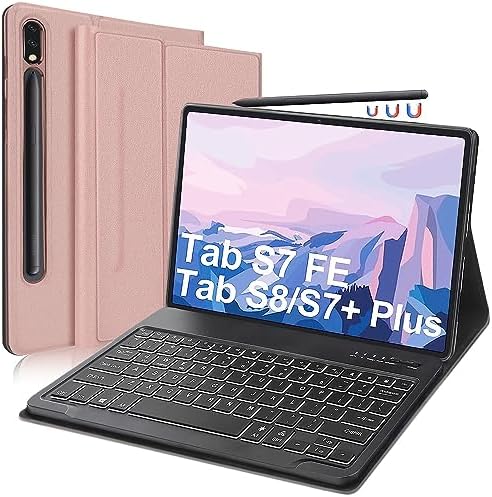 Samsung Galaxy Tablet S8 Plus 2022/S7 FE 5G 2021 Keyboard, Backlit & Rechargeable - Wireless Detachable Keyboard for Tab S8 Plus/S7 FE/S7+ Slim Folio TPU Case with Pencil Holder, Rose Gold