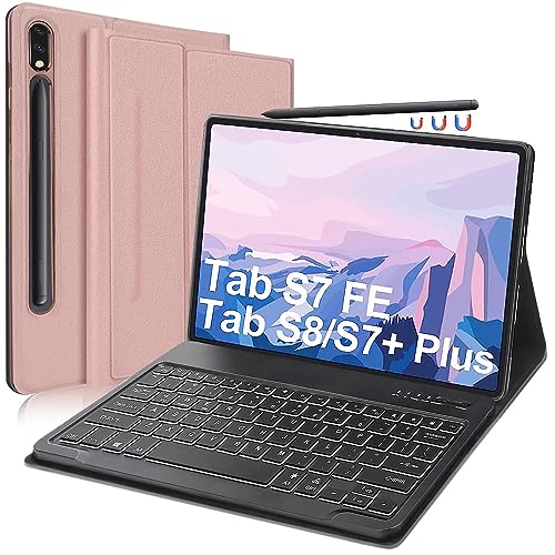 Samsung Galaxy Tablet S8 Plus 2022/S7 Fe 5G 2021 Keyboard, Backlit & Rechargeable - Wireless Detachable Keyboard For Tab S8 Plus/S7 Fe/S7+ Slim Folio Tpu Case With Pencil Holder, Rose Gold #TOP17