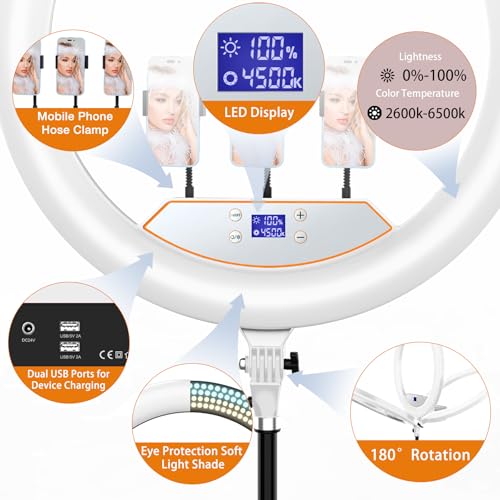 Image of 22 inchRing Light with Stand,Ring Light Tripod for iPhone ipad,with 75 inchTripod /LCD Display /4 ipad iPhone Clips /2 USB Ports,2600K-6500K Color Temperature,for Barber Makeup Tattoo TikTok Video Recording Vlog