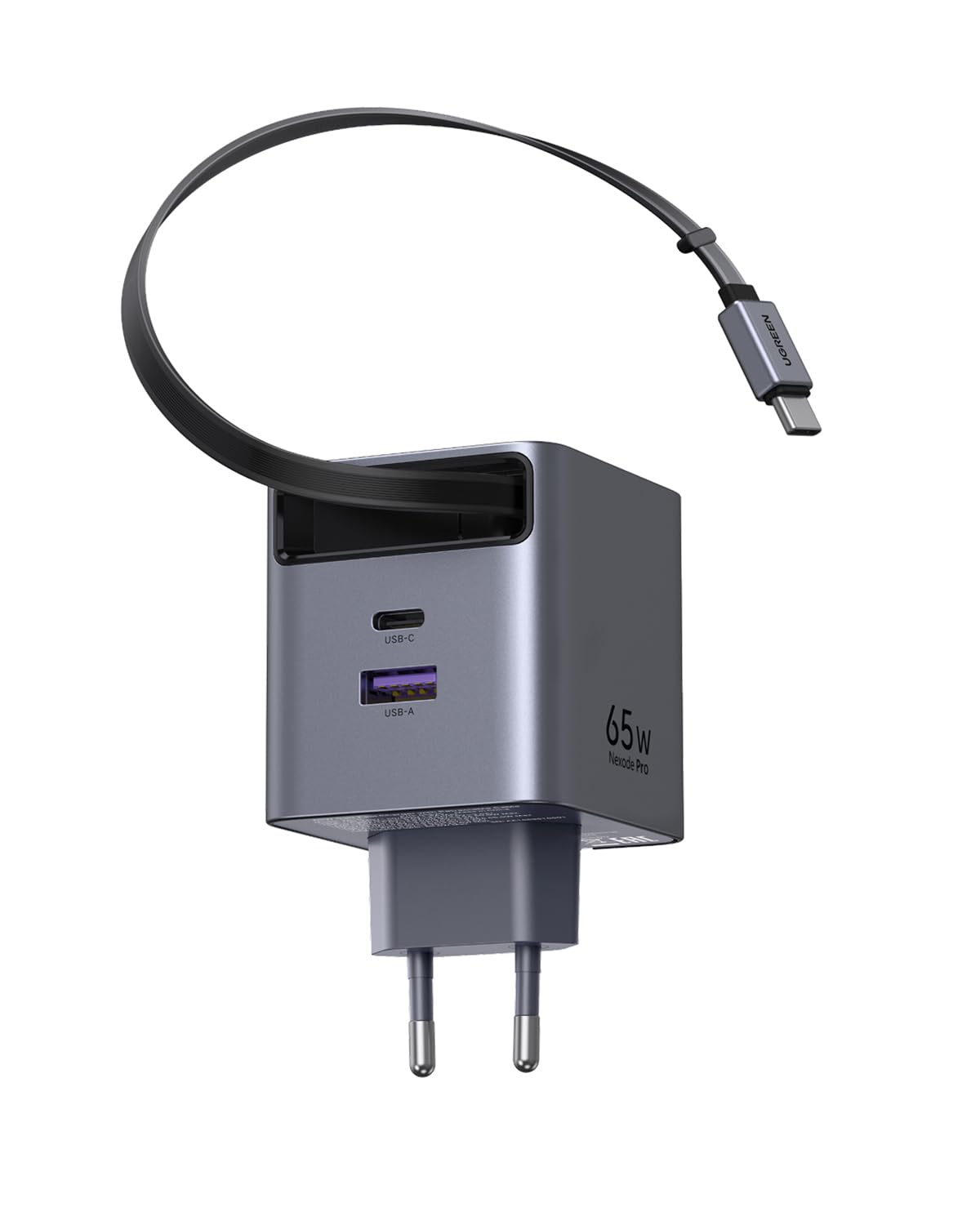UGREEN 65W Makaralı Dahili Kablolu GaN Hızlı Şarj Cihazı, 2xUSB-C, 1xUSB-A, Gri, 65825