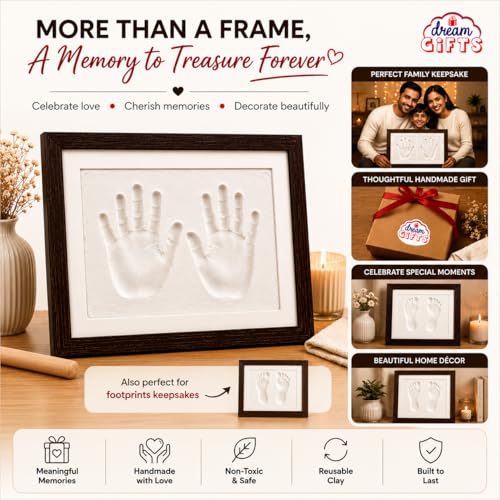 Image of Adult, Couple, Blessings Clay Handprint & Footprint Kit with XL Box Frame (37cm x 28cm x 2.5cm) & Impression Clay (750 GMS) (Brown Frame-Pink Clay)