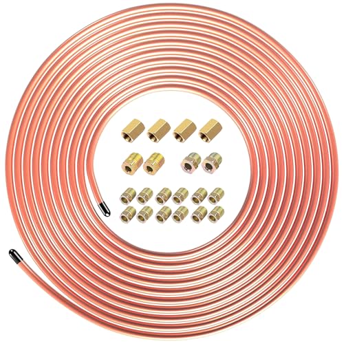 25 Ft Copper-Coated Brake Line Kit 1/4 brake line Tubing Coil with 20 Fittings Gold