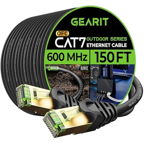 GearIT Cat7 Outdoor Ethernet Cable (150ft) SFTP Shielded Foil Twisted Pair, Pure Copper, LLDPE, Waterproof, Direct Burial, In-Ground, UV Resistant, POE, Network, LAN, Internet, Cat 7-150 Feet Cover