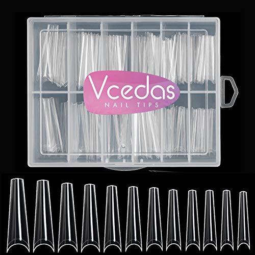 Vcedas 240PCS Extra Long C Curved Coffin Shaped Nail Tips Clear XL Long Half Cover Coffin False Nail Art for Acrylic DIY Salons（Box）