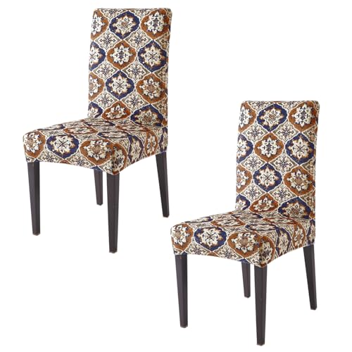 Image of HOKIPO Premium Printed Velvet Chair Cover Set of 2 for Dining Table, Indigo Moroccan Charm (AR-5794-D7*2)
