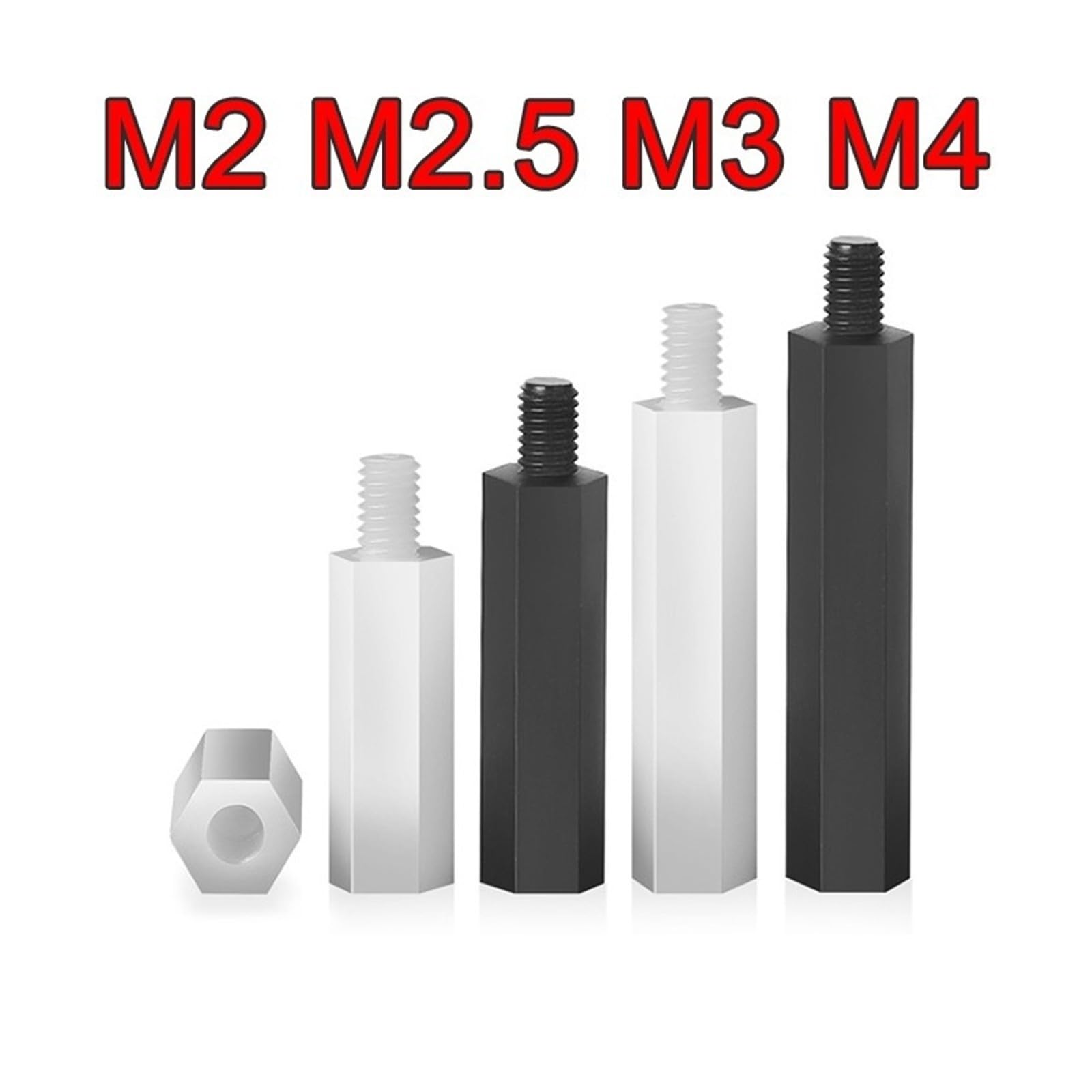M2,5 M3 M4 Weiß Schwarz Nylon-Abstandshalter mit Sechskantsäule