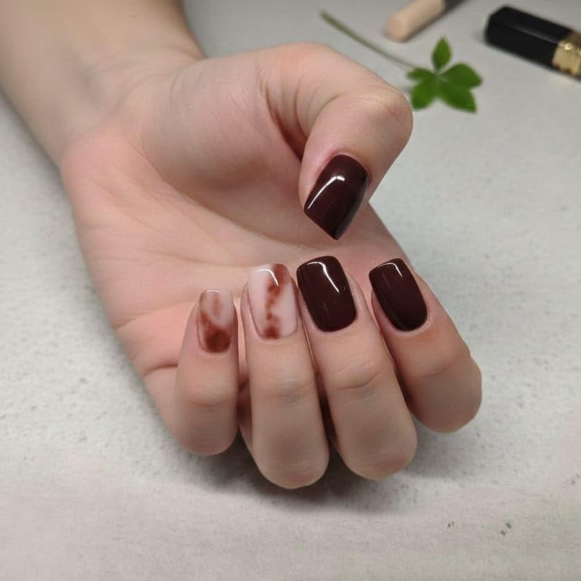 Image of Maroon Press On Nails | Marble Accent Fake Nails for Women | Reusable Artificial Nails | Long Lasting Glossy Finish | Easy to Apply for Salon Look at Home | Glossy Wine Medium Square Fake Nails