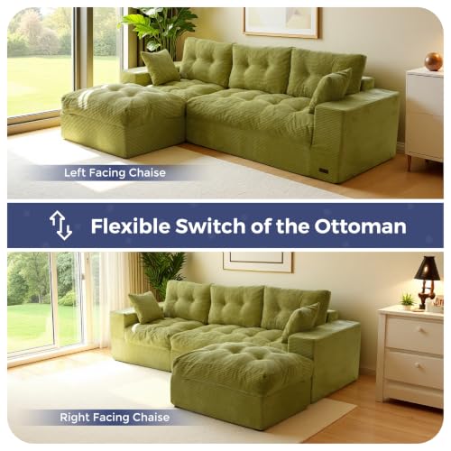 Image of MAXYOYO 96 inch L Shaped Modular Sectional Sofa with Ottoman, Cloud Boneless Couch with Layered Cushion, Upholstered Sofa in a Box, Flexible Module Combination for Living Room, No Assembly, Green