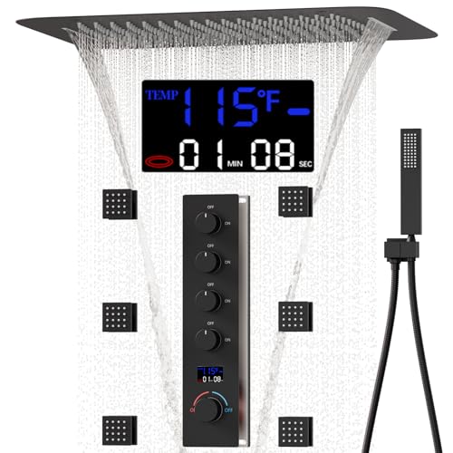 HONGTONGSOWER Shower Faucet Set Matte Black Temperature Shower System with Body Jet, Digital Display Diverter Shower Faucet with 16 X24 Inch Ceiling Rain and Waterfall Showerhead, Can Use At Once