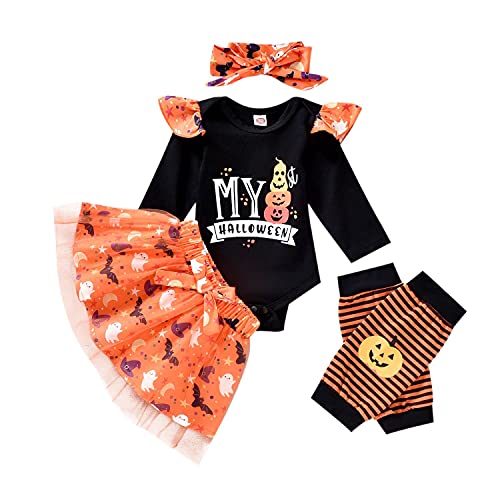 Image of CPEI Baby Girls Halloween Outfits Costume My 1st Halloween Romper+ Tutu Skirt+ Striated Leg Warmer+ Headband Outfit Set