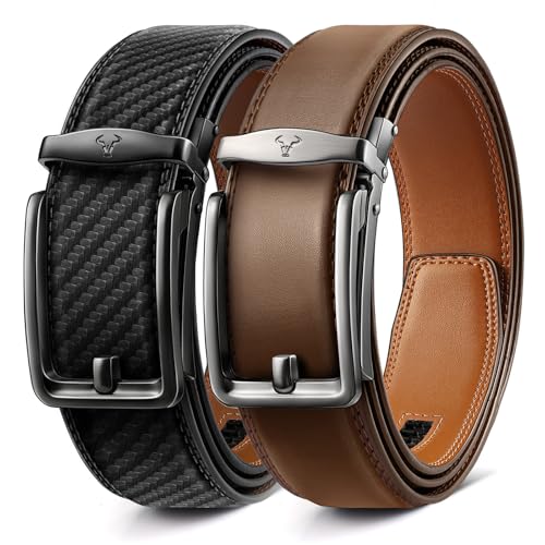 Image of BULLIANT Men Ratchet Belt 2 Pack, Click Sliding Leather Belt Adjustable for Gift Men Dress Casual Jeans 1 3 /8,Cut for Fit