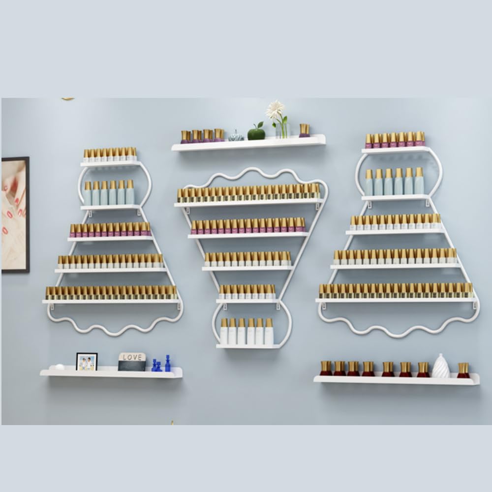 BANEBONE Metal Wall Mounted Nail Polish Racks - Stylish Cosmetic Display Case, Lipstick & Perfume Wall Shelf, Essential Oil Organizer for Nail Polish Bottles in Nail Salon Spa Shop (White)