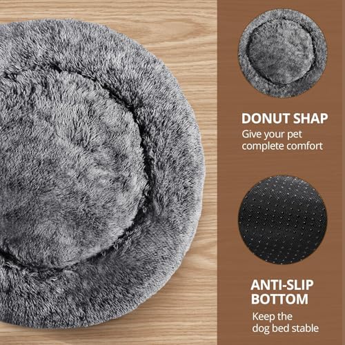 Image of JOLLYVOGUE Calming Dog Bed for Small Dogs - 23 inches Donut Washable Small Dog Bed for Kittens & Puppies, Anti-Slip Round Fluffy Plush Faux Fur Cat Beds (Fits up to 25 lbs Pets, Smoke Black)