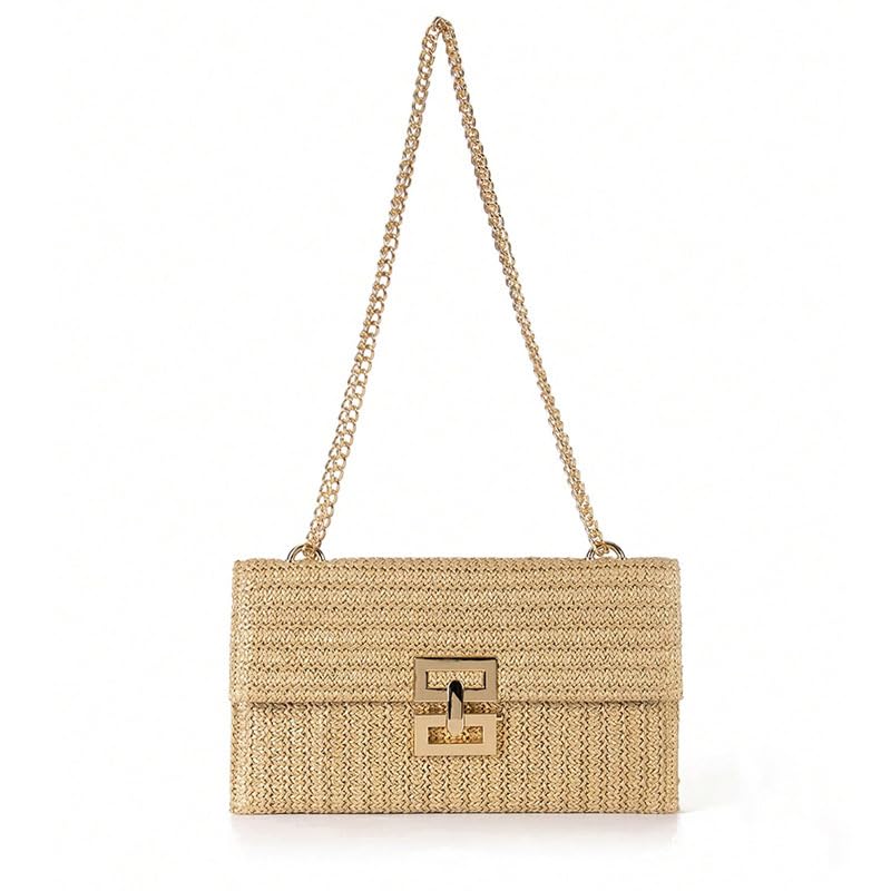 LyoveuS-P1 Straw Clutch Purses for Women Summer Beach Handbags Boho Woven Envelope Wallet Flap Over Chain Cross-body Shoulder Bag Cell Phone Evening Bag.